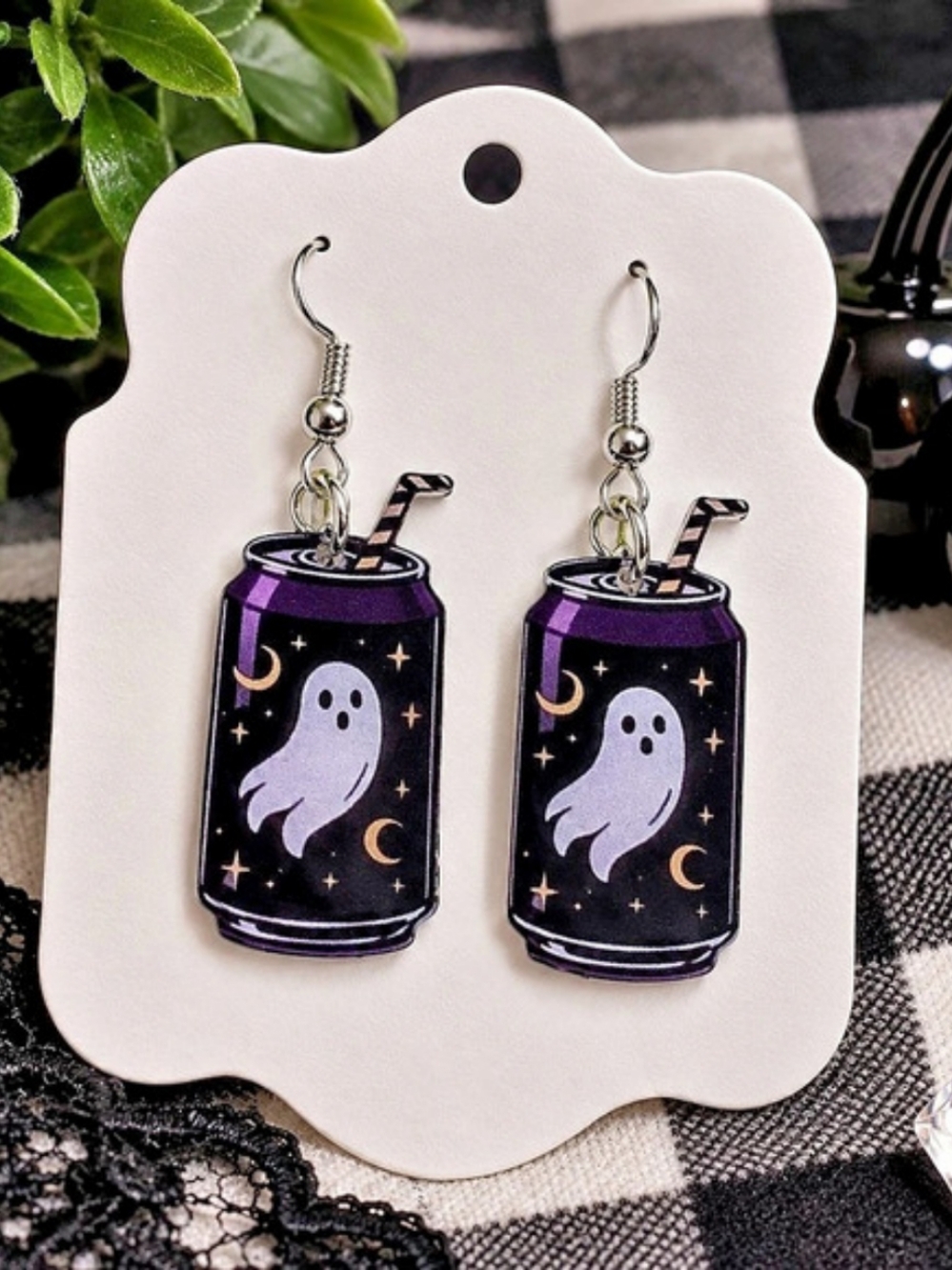 Ghost Can Halloween Dangle Earrings, Black & Purple